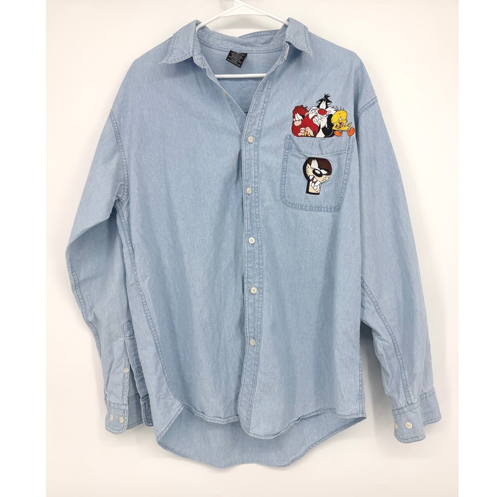 Warner Bros Studio Store Vintage Looney Tunes Embroidered Denim Shirt Medium